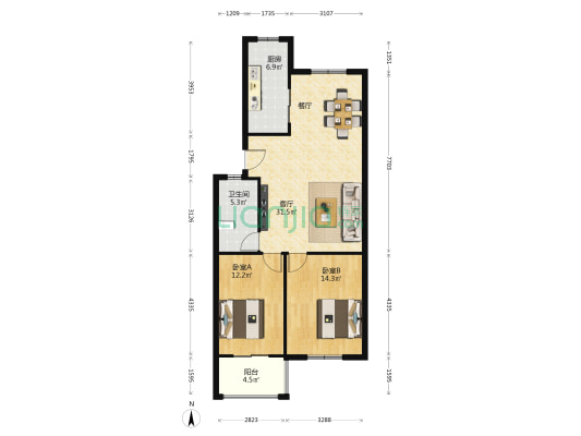 287大院 2室1厅1卫 88平方