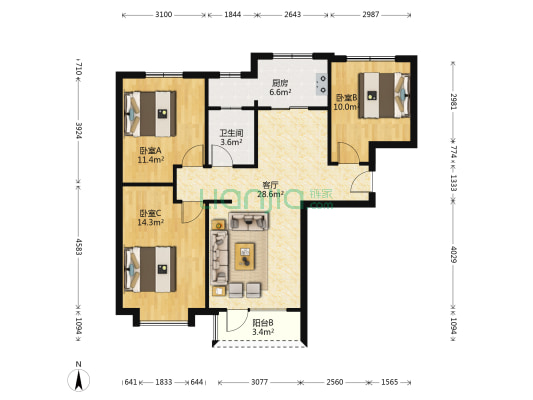 华融现代城 三居 装修南北通透 采光好 居住舒适-户型图