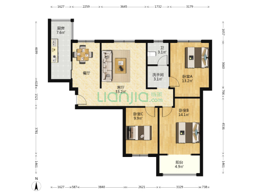 凤凰城三期 3室1厅2卫 117平方