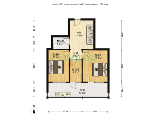 石铁三十二宿舍 2室1厅1卫 60平方