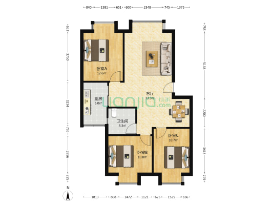 皇经花园A区 3室1厅1卫 89平方