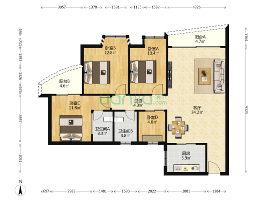 湾厦福园 4室1厅2卫 129平方