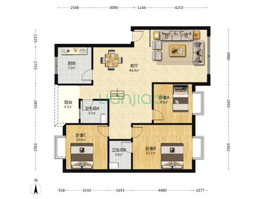 丽景三巷57号 3室1厅2卫 117平方