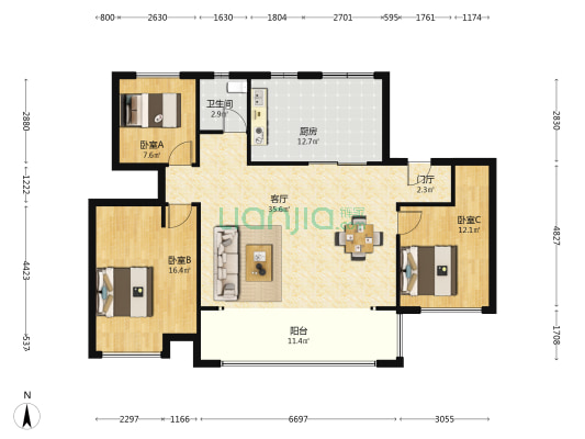 德庆苑 3室1厅1卫 125平方