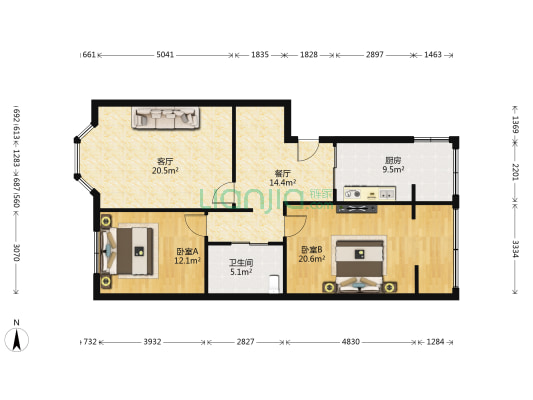 深越花园 2室2厅1卫 100平方