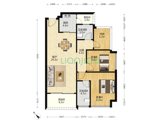 腾韵花园 3室1厅2卫 98平方
