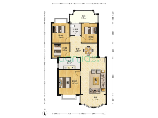 昌茂澳洲园 4室2厅1卫 113平方