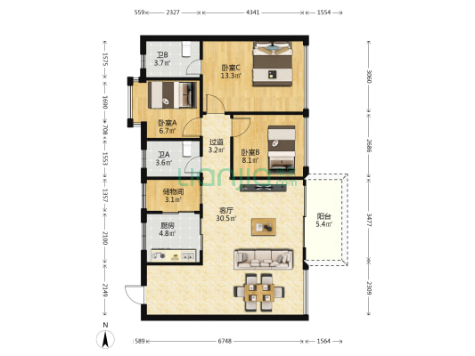 东第花园二期 3室1厅2卫 88平方