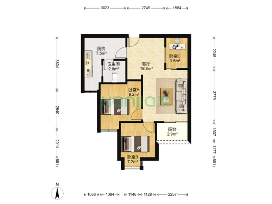 帝豪富达城 3室1厅1卫 65平方