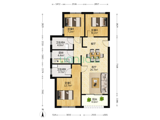 中南君悦府 3室1厅2卫 83平方