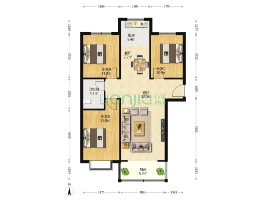 阳光四季 3室2厅1卫 113平方