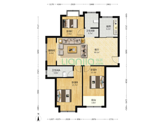 星月润晨 3室1厅2卫 129平方
