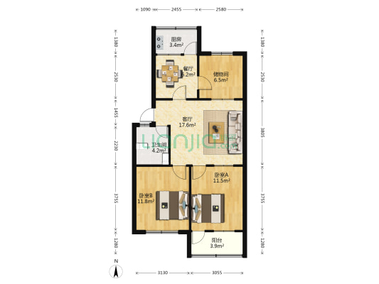 镜湖小区 2室2厅1卫 75平方