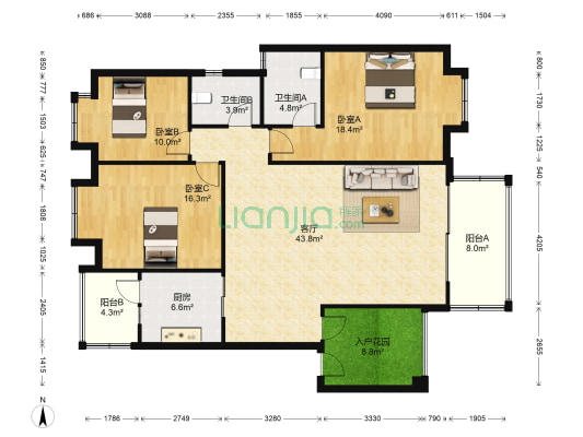 白家雅园 3室1厅2卫 127平方
