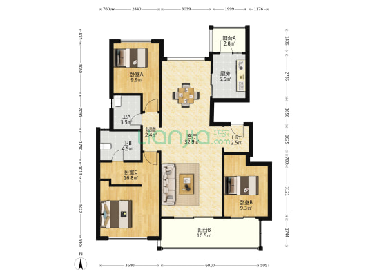 德商翰林天骄城 3室1厅2卫 121平方
