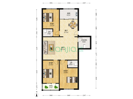 供销社宿舍(邮电街) 3室2厅3卫 122平方