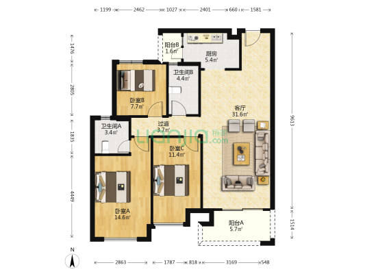 润汉幸福汇 3室1厅2卫 113平方