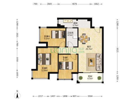 希望城 3室1厅1卫 86平方