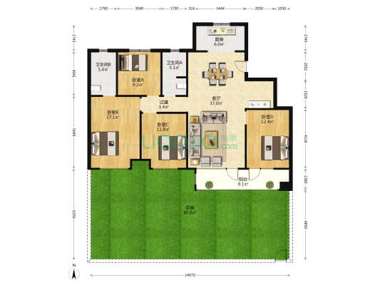 金科礼悦东方 4室1厅2卫 140平方