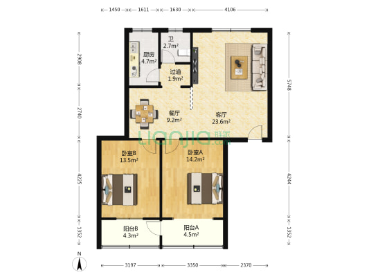 苎麻小区 2室2厅1卫 91平方