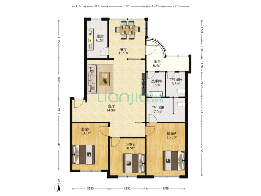 通惠苑一期 3室2厅3卫 128平方