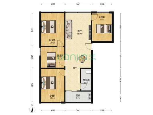 省府路12号 4室1厅1卫 107平方