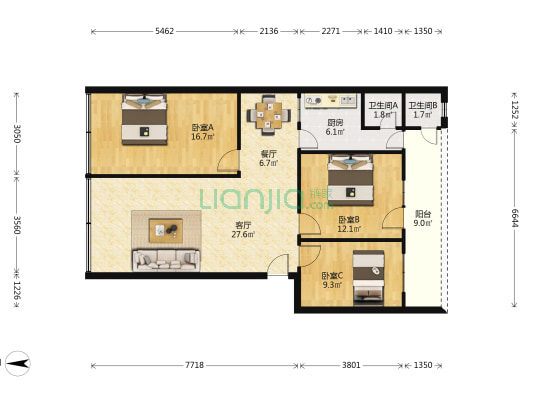 省林业局宿舍 3室2厅2卫 89平方