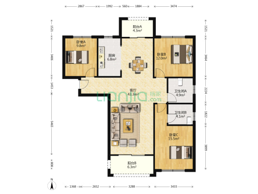 雅鹿臻园 3室1厅2卫 137平方