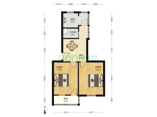 盐南一区 2室1厅1卫 64平方