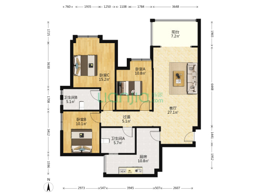 金海学府花园 3室1厅2卫 114平方