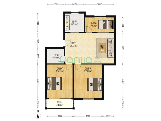 西街花苑 3室1厅1卫 103平方