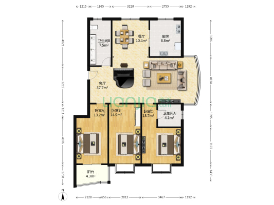 锦绣花苑百合苑 3室2厅2卫 146平方