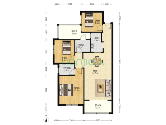 才子嘉都三期 3室1厅2卫 98平方