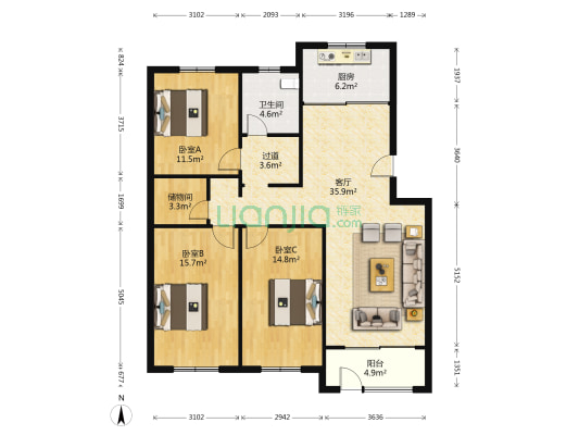 东方夏威夷 3室1厅1卫 117平方