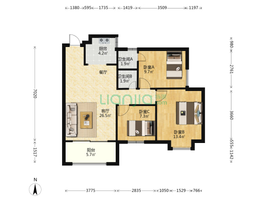清富新城一区 3室1厅2卫 91平方