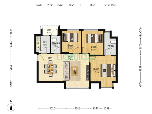 水晶合院 3室1厅2卫 93平方