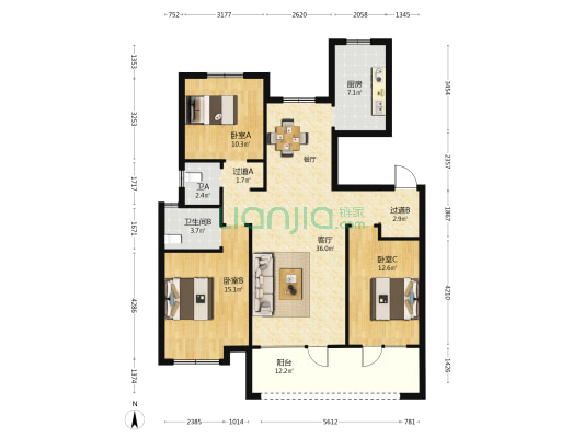 天泰壹号院 3室1厅2卫 124平方