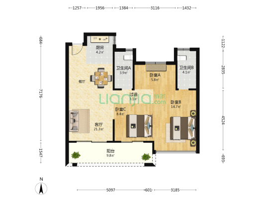 欣隆盛世佳园 3室1厅2卫 87平方