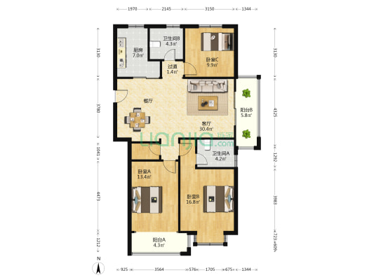 银座花园 3室1厅2卫 121平方