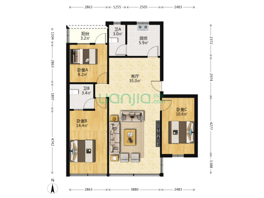 鸿福花苑 3室1厅2卫 95平方