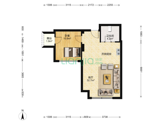 美加华公寓 1室1厅1卫 72平方