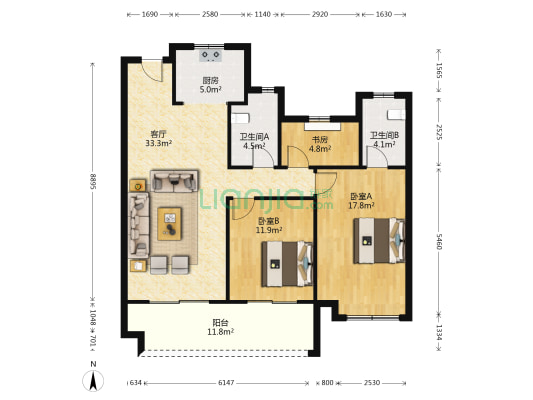 奥克斯姑溪文华 3室1厅2卫 115平方