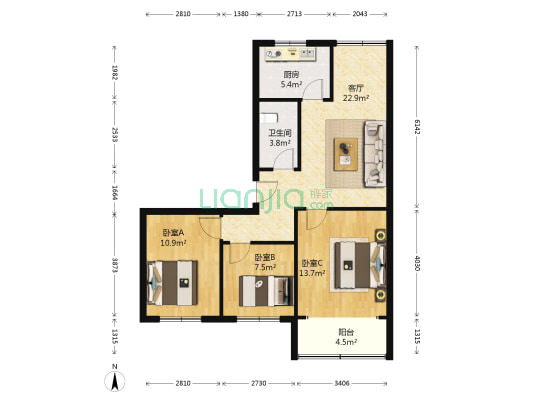 浮山后六小区 3室1厅1卫 87平方