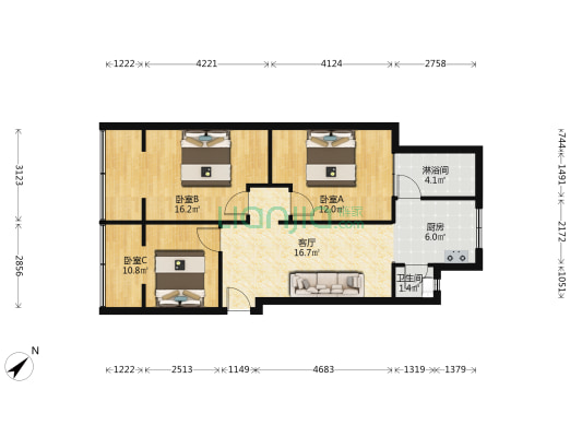 海天名阁 3室1厅2卫 65平方