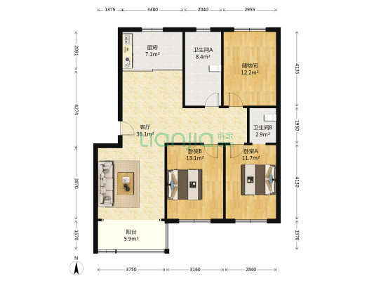 东都花园西区 2室1厅2卫 118平方