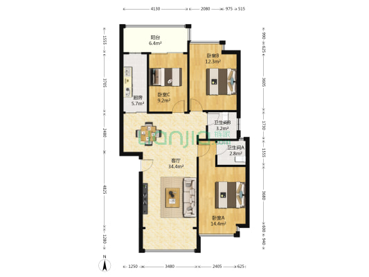 碧园香樟林 3室1厅2卫 106平方