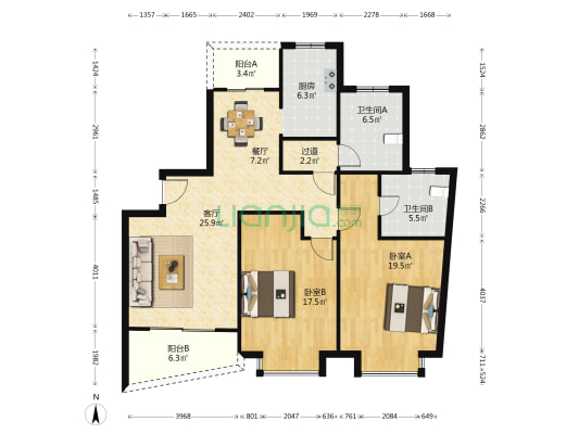 亭园 2室2厅2卫 127平方