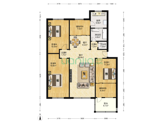 花蕾小区 3室2厅2卫 140平方