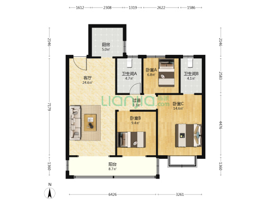 蓝光睿创新筑沁泽园 3室1厅2卫 108平方