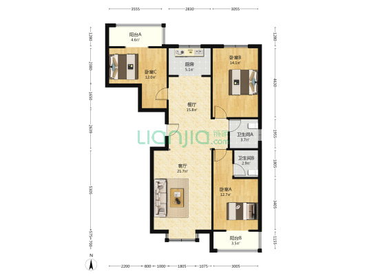 现代幸福城三期 3室2厅2卫 123平方